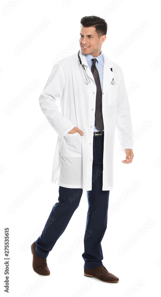 Full length portrait of medical doctor with stethoscope isolated on white Full length portrait of medical doctor with stethoscope isolated on white