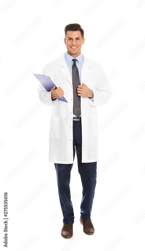 Full length portrait of medical doctor with clipboard isolated on white Full length portrait of medical doctor with clipboard isolated on white