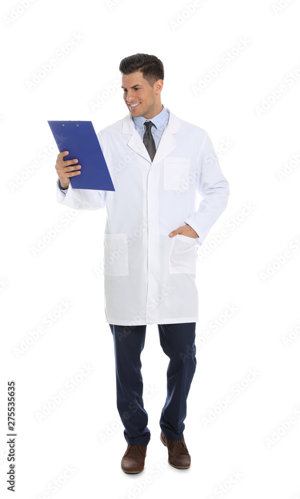 Full length portrait of medical doctor with clipboard isolated on white Full length portrait of medical doctor with clipboard isolated on white