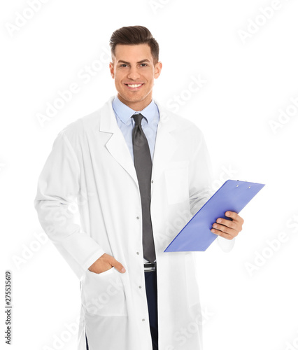 Portrait of medical doctor with clipboard isolated on white
