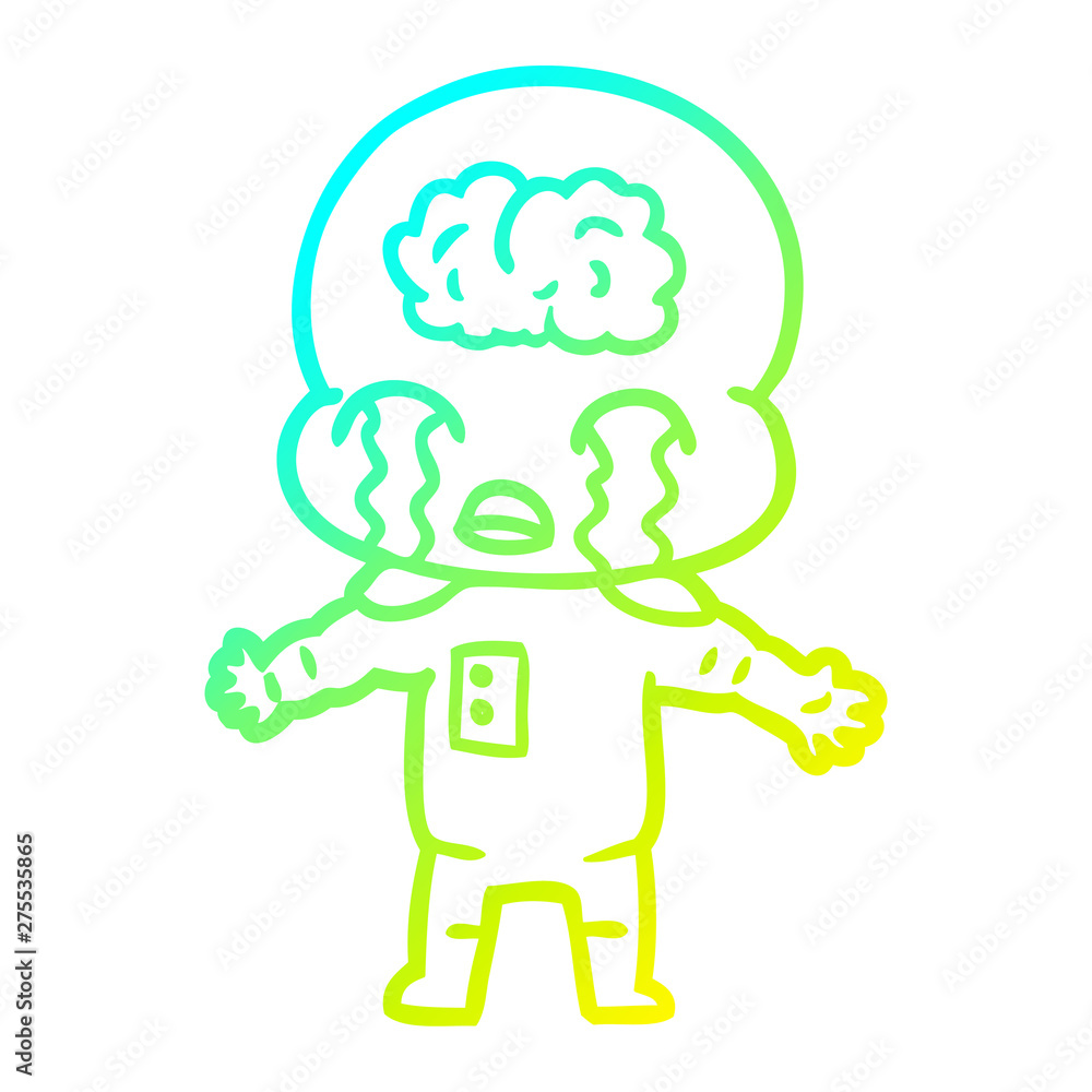cold gradient line drawing cartoon big brain alien crying