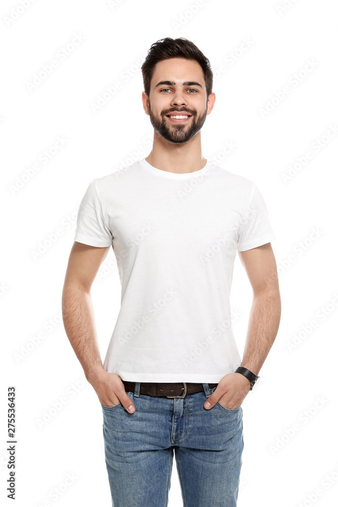 Young man in t-shirt on white background. Mock up for design Young man in t-shirt on white background. Mock up for design