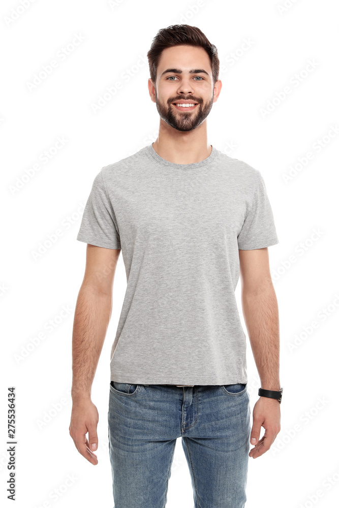 Fototapeta premium Young man in t-shirt on white background. Mock up for design