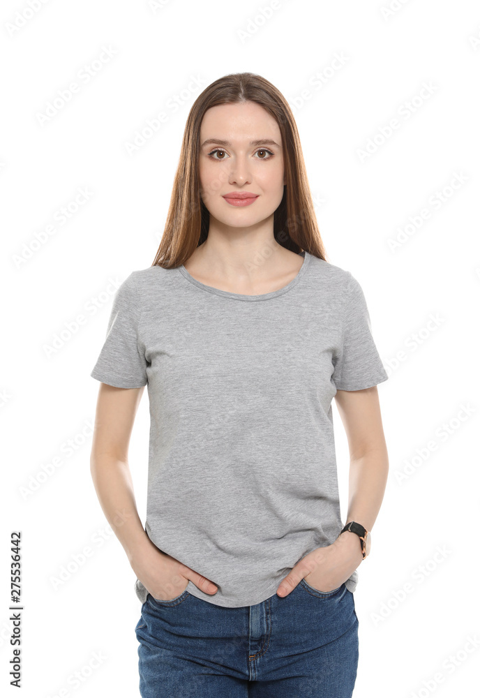 Obraz premium Young woman in t-shirt on white background. Mock up for design