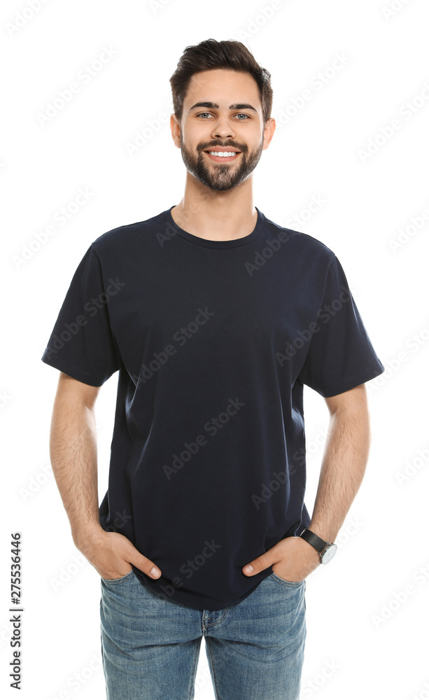 Young man in t-shirt on white background. Mock up for design Young man in t-shirt on white background. Mock up for design