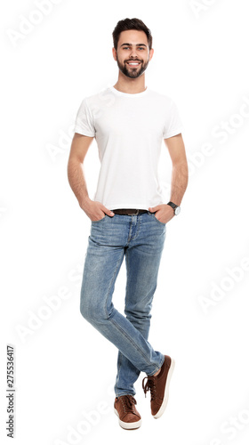 Young man in t-shirt on white background. Mock up for design