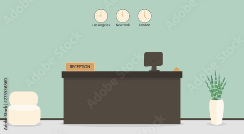Empty reception desk in hotel or bank, receptionist workplace. Waiting room, hall in business office, modern interior with furniture, armchair for customers.Vector illustration