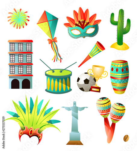 Set of brazil country colorful icons, traditional objects