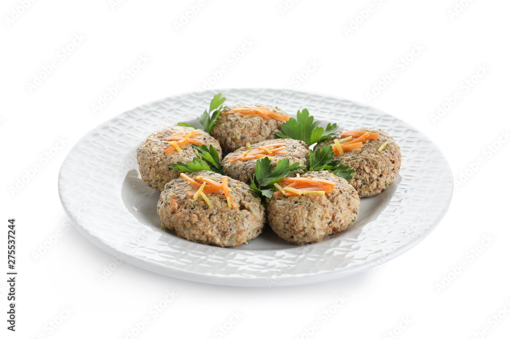 Plate of traditional Passover (Pesach) gefilte fish isolated on white Plate of traditional Passover (Pesach) gefilte fish isolated on white