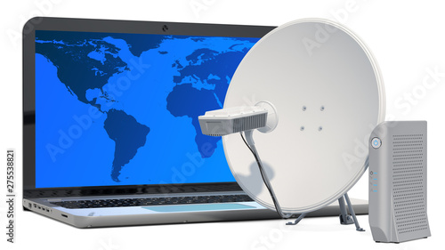 Satellite Internet access concept. Laptop with communication satellite dish and satellite modem, 3D rendering