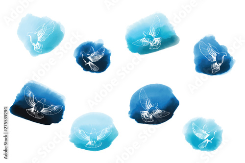 Doves on blue brush shapes. Universal elements for your design, wrapping, flyers, cards, branding and digital scrapbooking.
