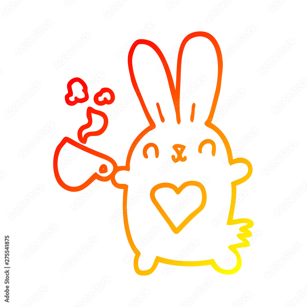 Obraz premium warm gradient line drawing cute cartoon rabbit with love heart and coffee cup