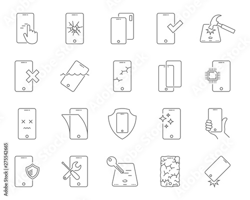Repair of smartphones icons set. Breakage and protection of the smartphone, thin line design. Repair Center. Editable stroke. EPS 10.