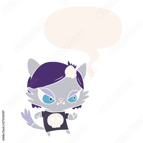 cute cartoon tough cat girl and speech bubble in retro style