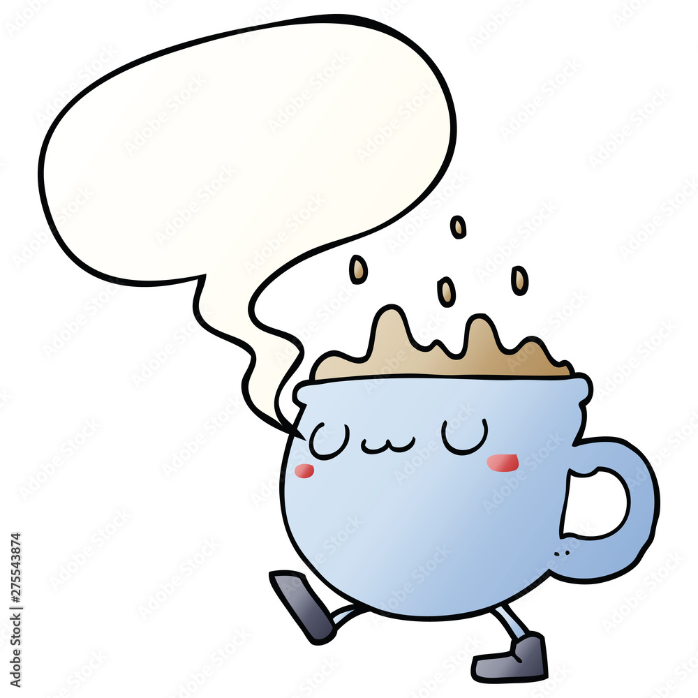 cartoon coffee cup walking and speech bubble in smooth gradient style cartoon coffee cup walking and speech bubble in smooth gradient style