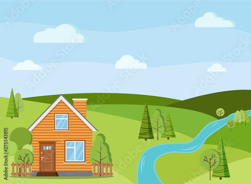 Summer or spring river landscape scene with rural country farm house with chimney, fences, green trees, spruces, fields, clouds in flat cartoon style. Summer nature vector background illustration.