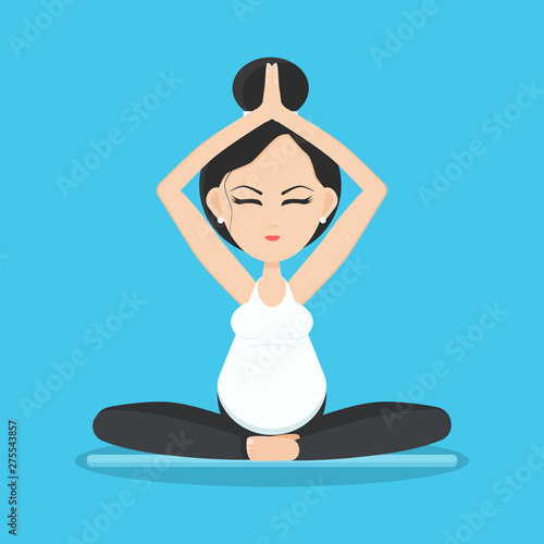Isolated smiling pregnant woman meditating and relaxing in yoga pose on yoga mat. Prenatal yoga for pregnant women. Pretty young woman doing yoga exercise. Vector illustration. Cartoon flat style.