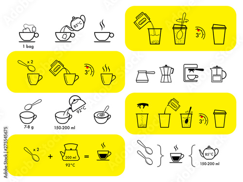 Set of methods of brewing tea and coffee. Preparation instructions. Vector elements for infographics. Set of sign for detailed guideline. Ready for your design. EPS10.	