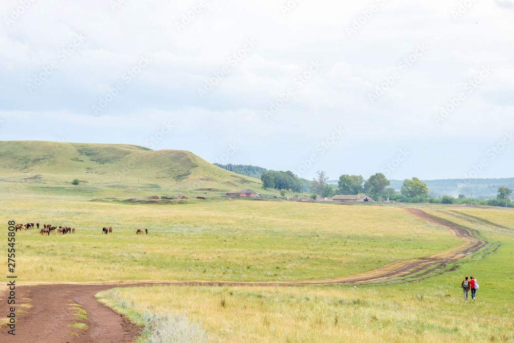 Two young girls small figures with backpacks on a rural road. Horse farm pasture with mare and foal. Small village with old houses and farm. Summer landscape with green hills