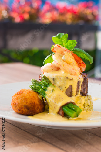 Fantastic mix - beaf stake, basil, shrimp, rice, asparagus and potato
