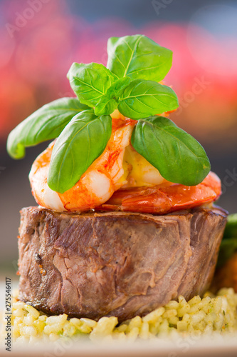 Fantastic mix - beaf stake, basil, shrimp, rice, asparagus and potato