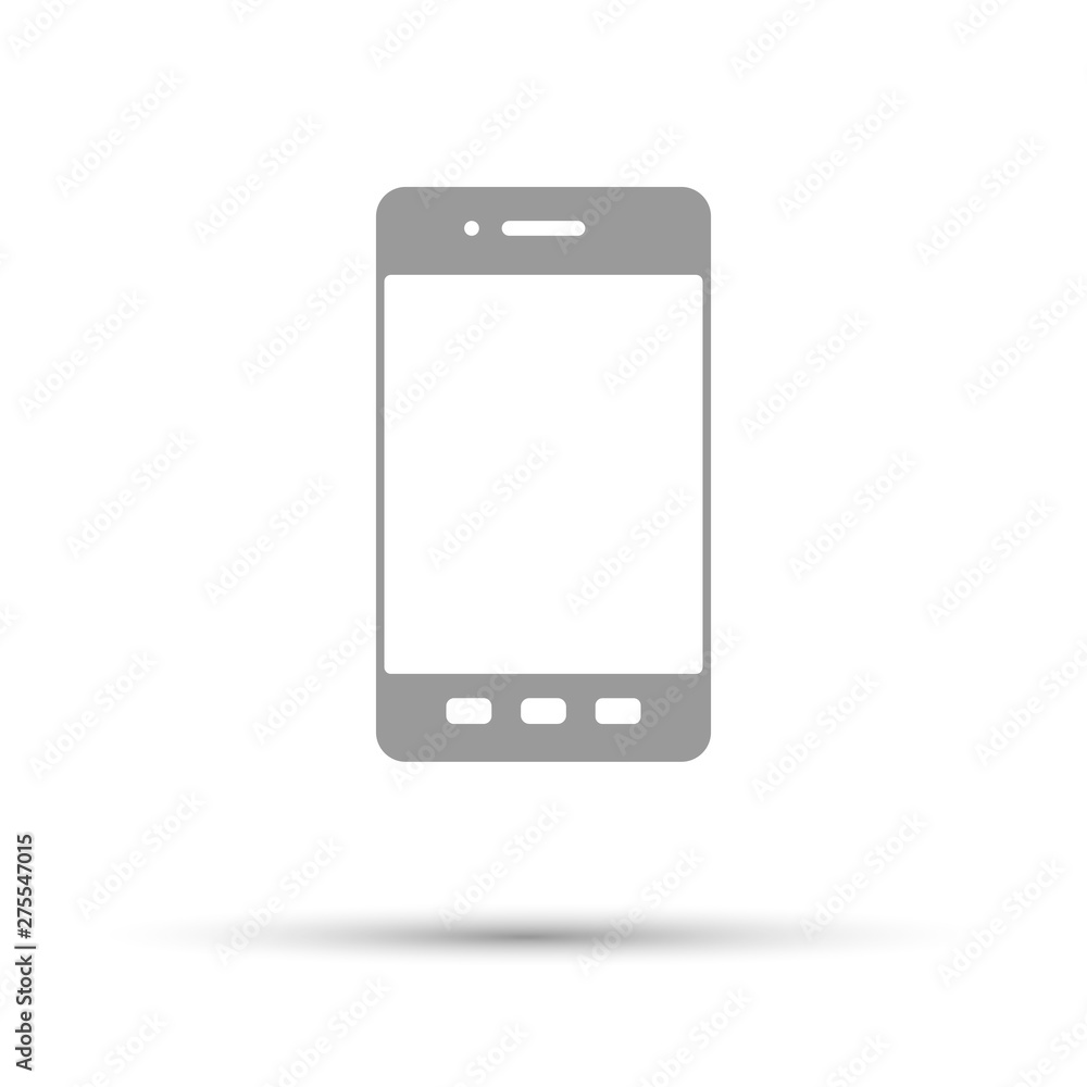 Gray phone icon on white background. Shadow depicted down. Gray phone icon on white background. Shadow depicted down.