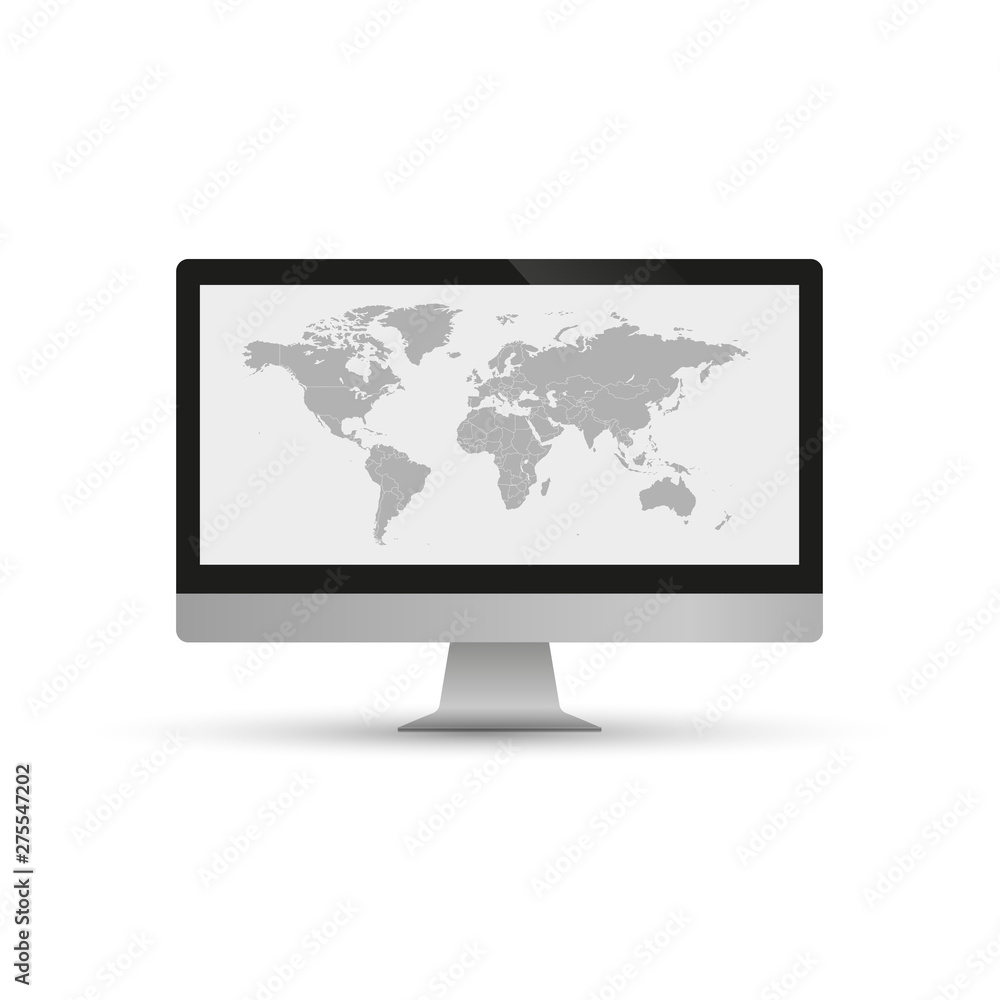 The gray map of the world is depicted on screen computer and on a white background. The gray map of the world is depicted on screen computer and on a white background.