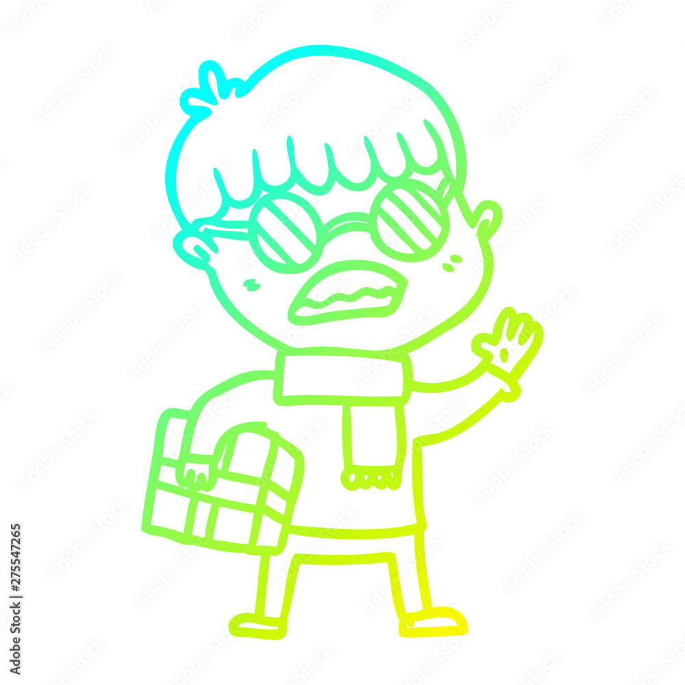 cold gradient line drawing cartoon boy holding gift and wearing spectacles cold gradient line drawing cartoon boy holding gift and wearing spectacles