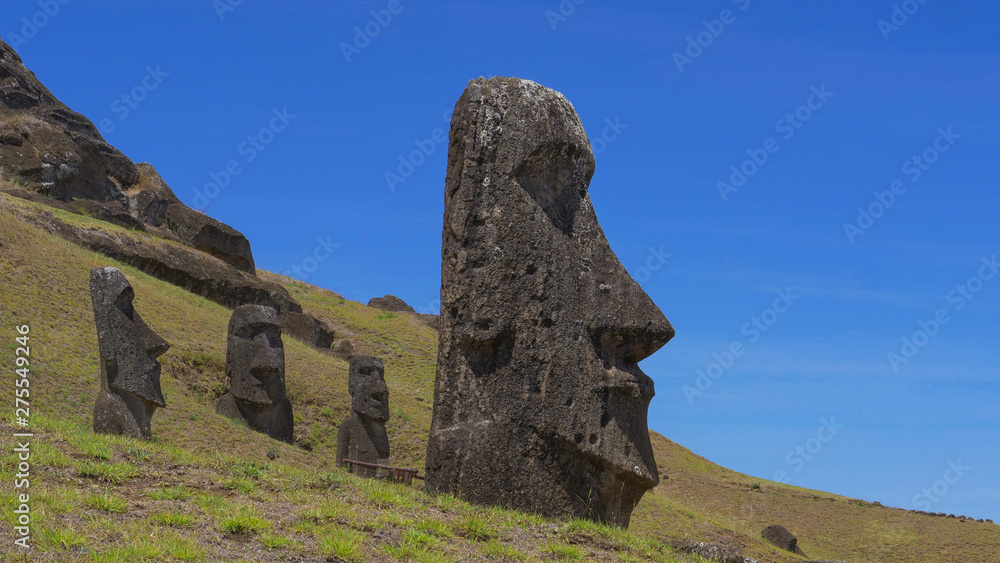 AERIAL: Scenic view of black volcanic statues scattered around the grassy hills.