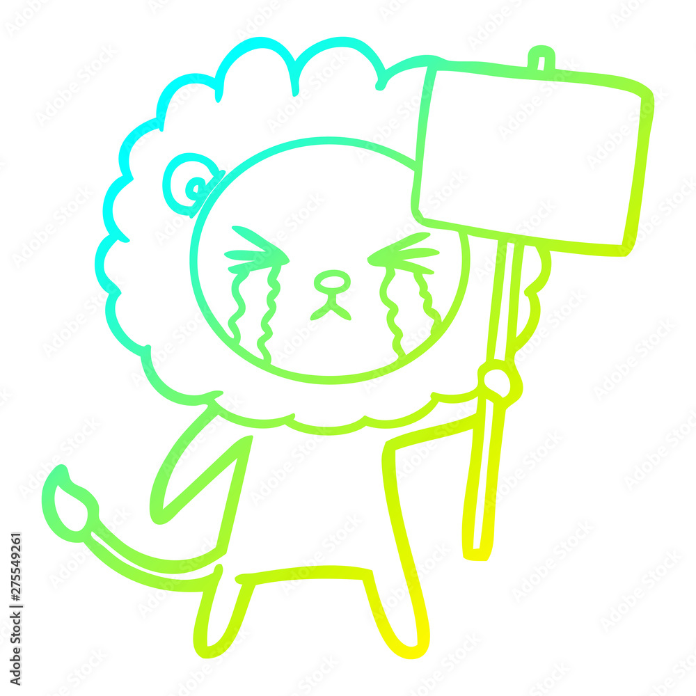 cold gradient line drawing cartoon crying lion with placard cold gradient line drawing cartoon crying lion with placard