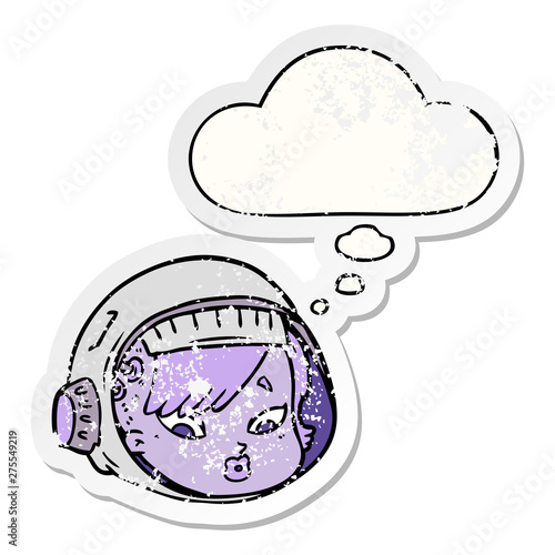 cartoon astronaut face and thought bubble as a distressed worn sticker