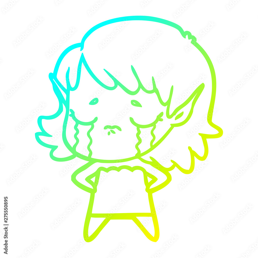 cold gradient line drawing crying cartoon elf girl