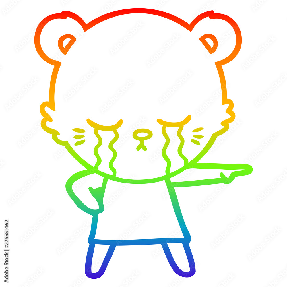 rainbow gradient line drawing crying cartoon bear in dress pointing rainbow gradient line drawing crying cartoon bear in dress pointing