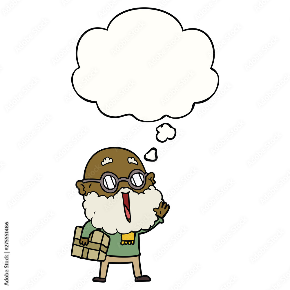 cartoon joyful man with beard and parcel under arm and thought bubble cartoon joyful man with beard and parcel under arm and thought bubble
