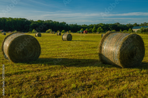 Peaceful morning farm view in rural New Jersey. Beautiful scene with hay rolls on the meadow