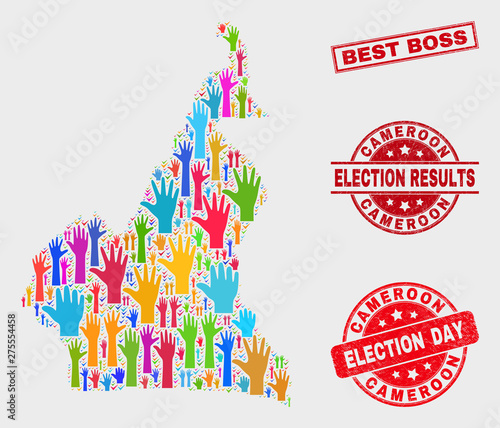 Election Cameroon map and seal stamps. Red rectangular Best Boss distress seal stamp. Bright Cameroon map mosaic of upwards voting arms. Vector combination for election day, and referendum results.