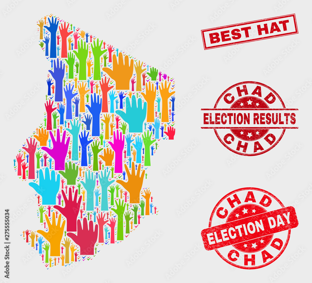 Ballot Chad map and seal stamps. Red rectangular Best Hat distress stamp. Colorful Chad map mosaic of upwards election arms. Vector combination for election day, and ballot results. Ballot Chad map and seal stamps. Red rectangular Best Hat distress stamp. Colorful Chad map mosaic of upwards election arms. Vector combination for election day, and ballot results.