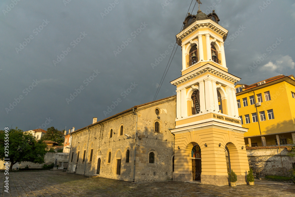 Sunset view of The Virgin Mary Church in city of Plovdiv, Bulgaria