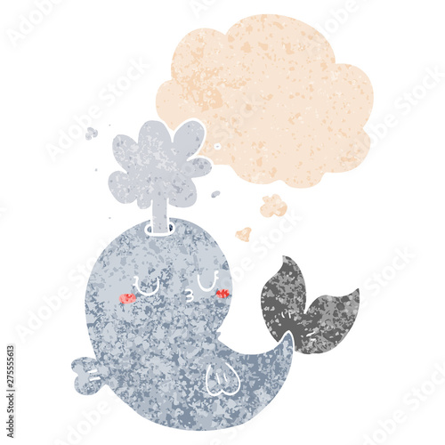 cartoon whale spouting water and thought bubble in retro textured style