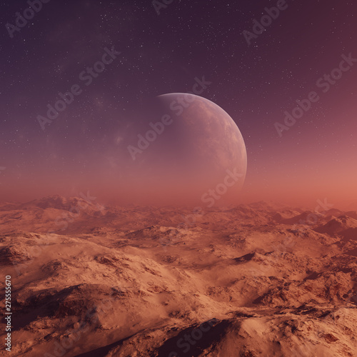 3d rendered Space Art  Alien Planet - A Fantasy Landscape with purple skies and stars