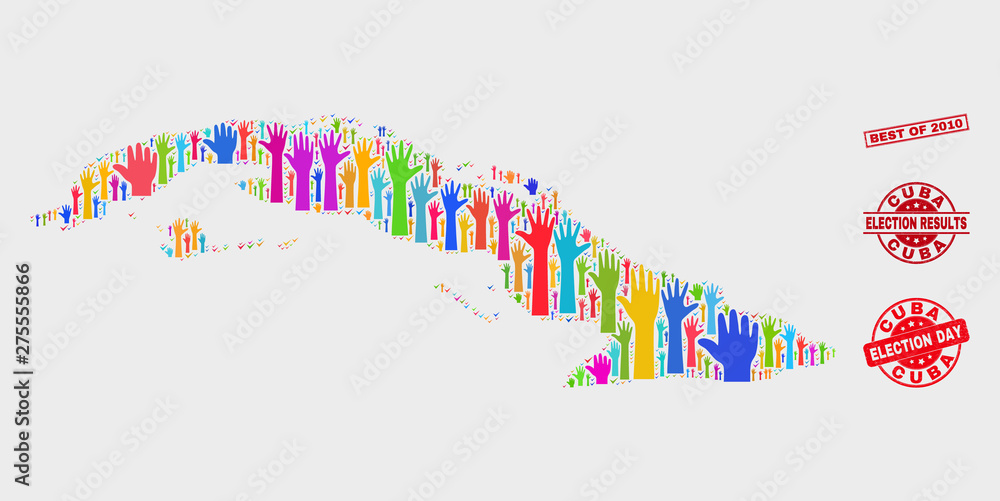 Fototapeta premium Election Cuba map and seal stamps. Red rectangle Best of 2010 scratched seal. Colorful Cuba map mosaic of raised up raising arms. Vector combination for election day, and referendum results.