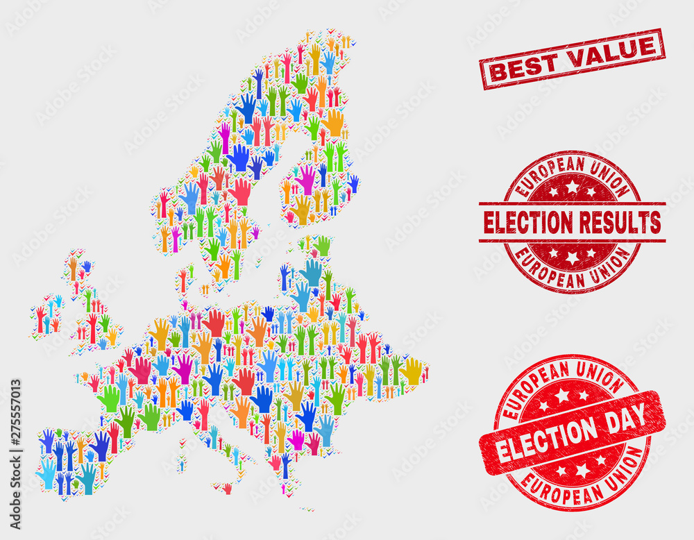 Election European Union map and seals. Red rectangular Best Value distress watermark. Colorful European Union map mosaic of raised election hands. Vector combination for election day, Election European Union map and seals. Red rectangular Best Value distress watermark. Colorful European Union map mosaic of raised election hands. Vector combination for election day,