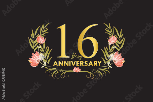 16 Years anniversary golden watercolor wreath vector