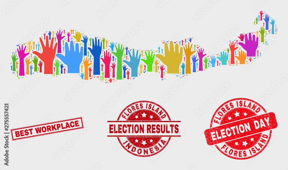 Ballot Flores Island of Indonesia map and watermarks. Red rectangle Best Workplace textured seal stamp. Bright Flores Island of Indonesia map mosaic of raised election arms. Ballot Flores Island of Indonesia map and watermarks. Red rectangle Best Workplace textured seal stamp. Bright Flores Island of Indonesia map mosaic of raised election arms.