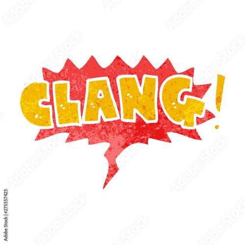 cartoon word clang and speech bubble in retro textured style
