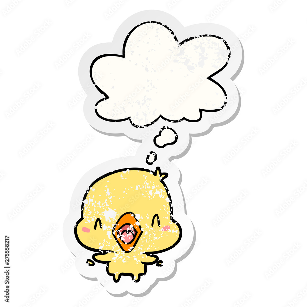 cartoon happy bird and thought bubble as a distressed worn sticker cartoon happy bird and thought bubble as a distressed worn sticker
