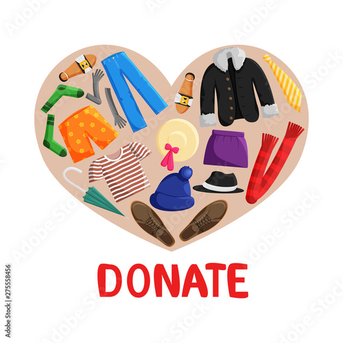 Vector Illustration of Clothes Donation in Flat Style. Concept for Charity Day. Illustration of Giving Help in Heart Shape. Social Care and Charity Concept of Different Clothing with Word Donate
