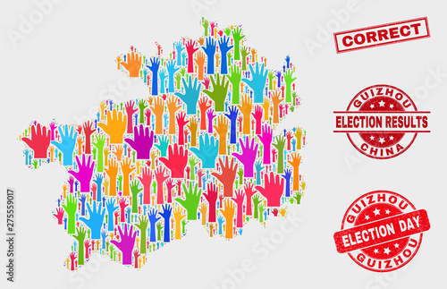 Election Guizhou Province map and seal stamps. Red rectangular Correct scratched seal. Colored Guizhou Province map mosaic of raised up referendum arms. Vector collage for election day,