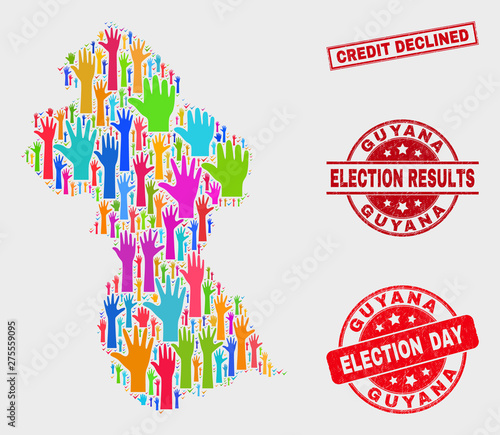 Voting Guyana map and watermarks. Red rectangle Credit Declined textured watermark. Colorful Guyana map mosaic of upwards election arms. Vector collage for election day, and referendum results.