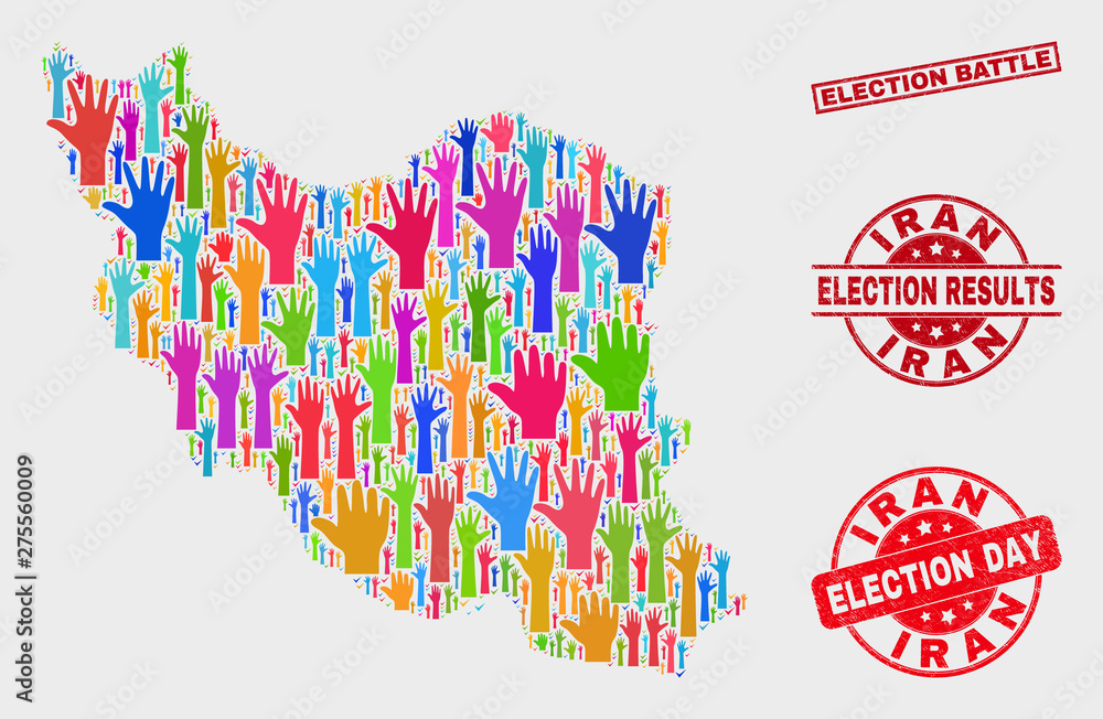 Election Iran map and seal stamps. Red rectangle Election Battle textured seal. Colorful Iran map mosaic of raised up support hands. Vector collage for election day, and ballot results.
